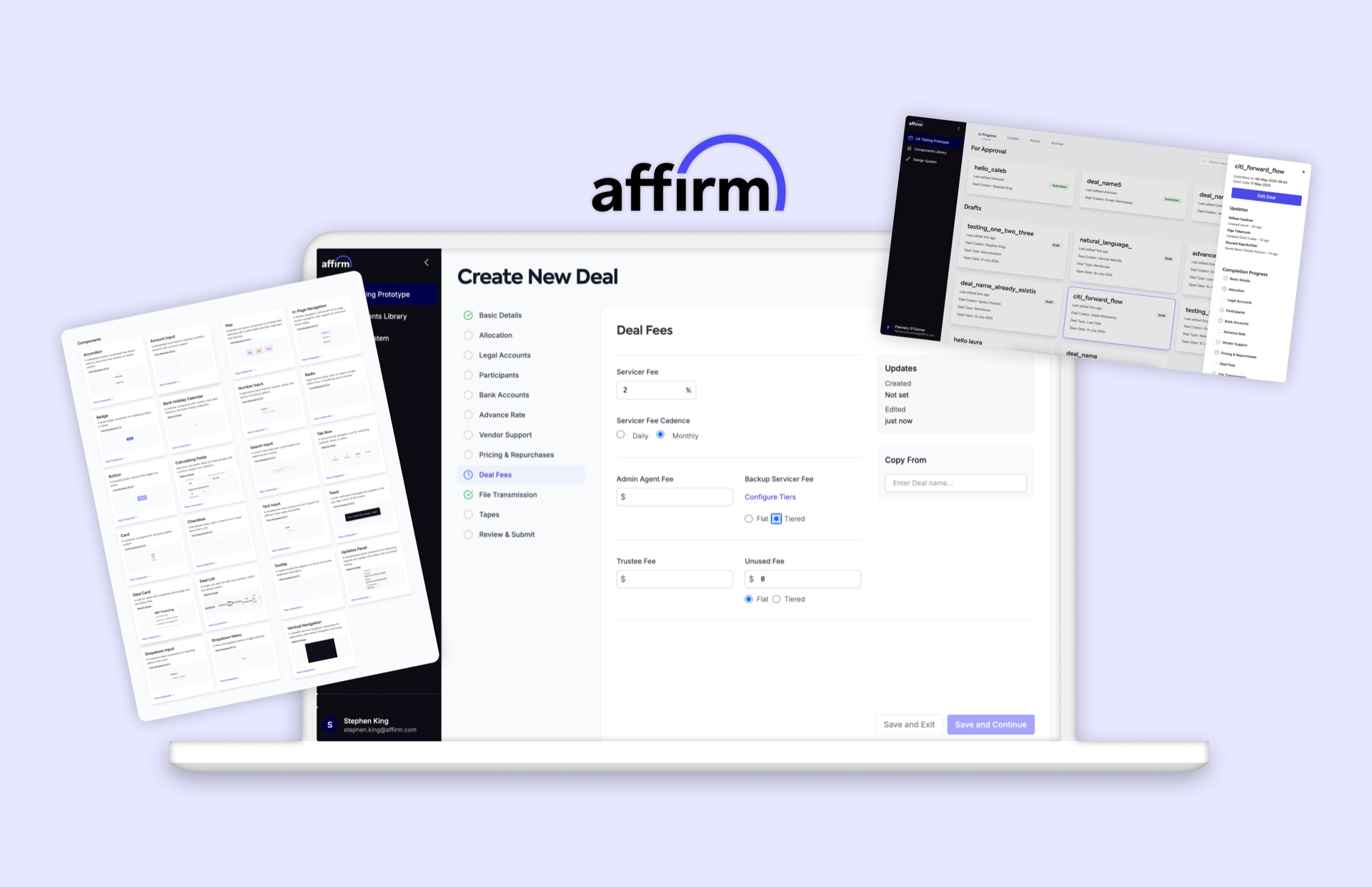Affirm's self-service deal platform shown on a laptop with floating UI screens