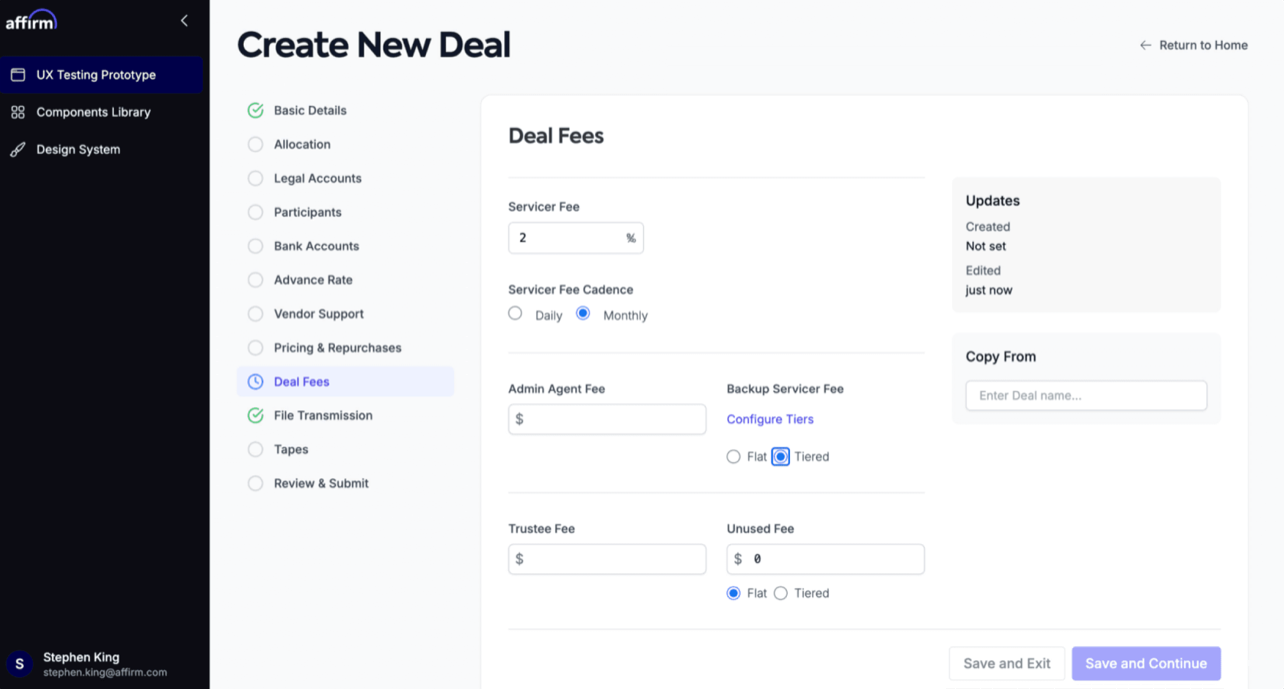 Affirm deal-creation flow on the Deal Fees step, with the paginated step list beside the form