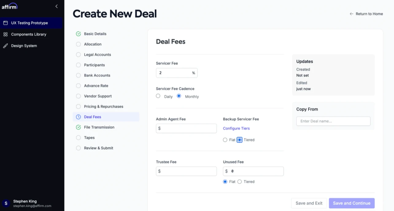 Affirm deal-creation flow on the Deal Fees step, with the paginated step list beside the form