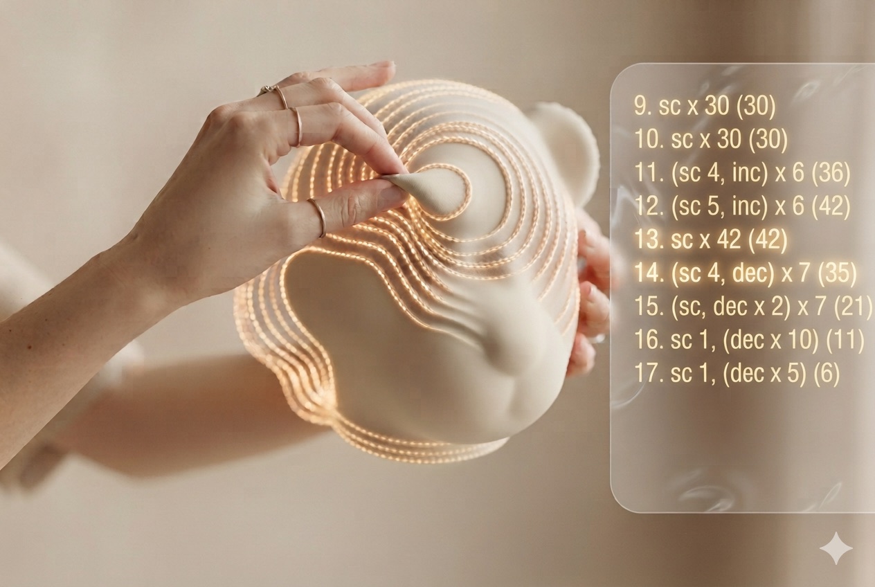Hands pinching a smooth 3D head shape as glowing concentric crochet-stitch rings ripple across it, beside a floating panel of the written single-crochet pattern