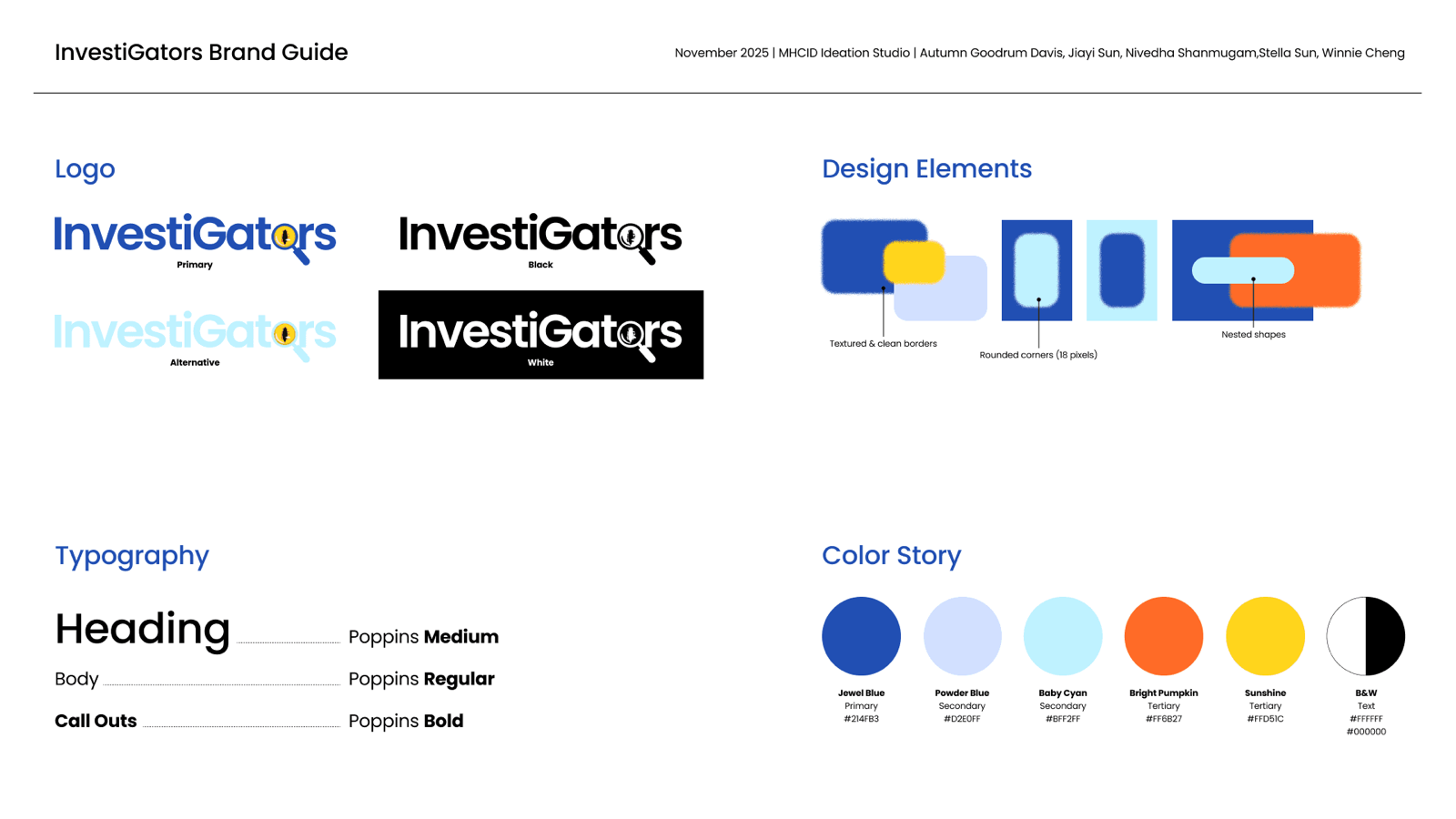The InvestiGators brand guide: logo, design elements, typography, and color story