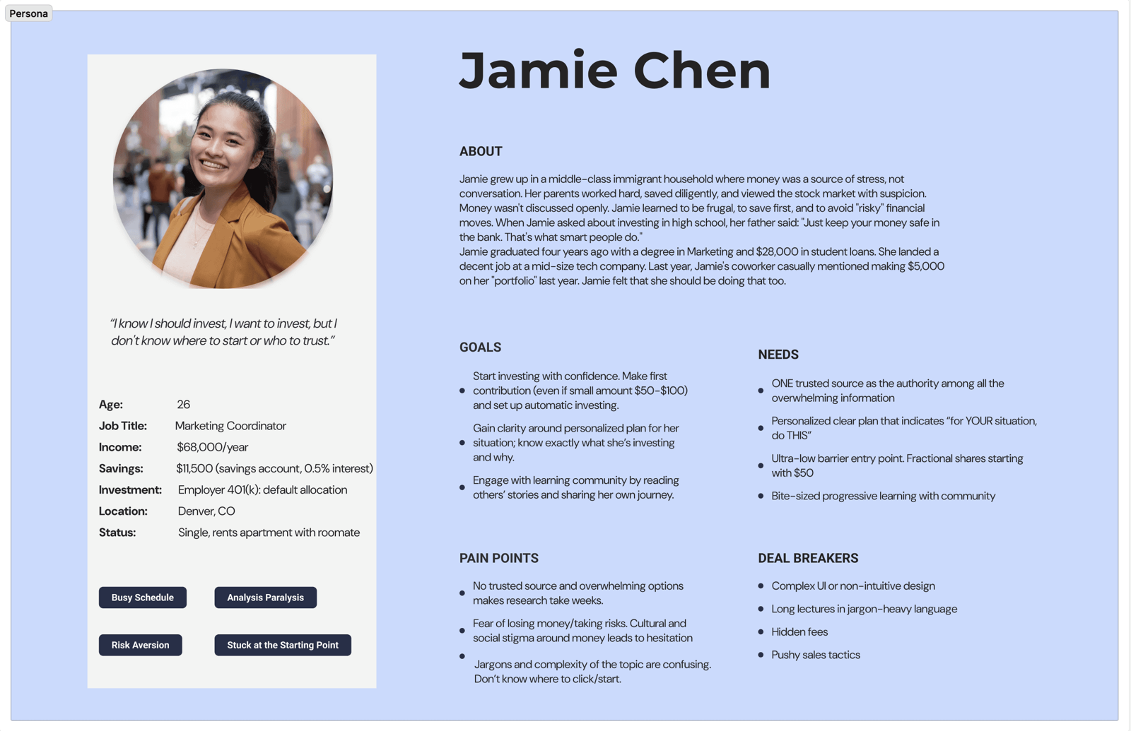 Jamie Chen, the persona for our target user group