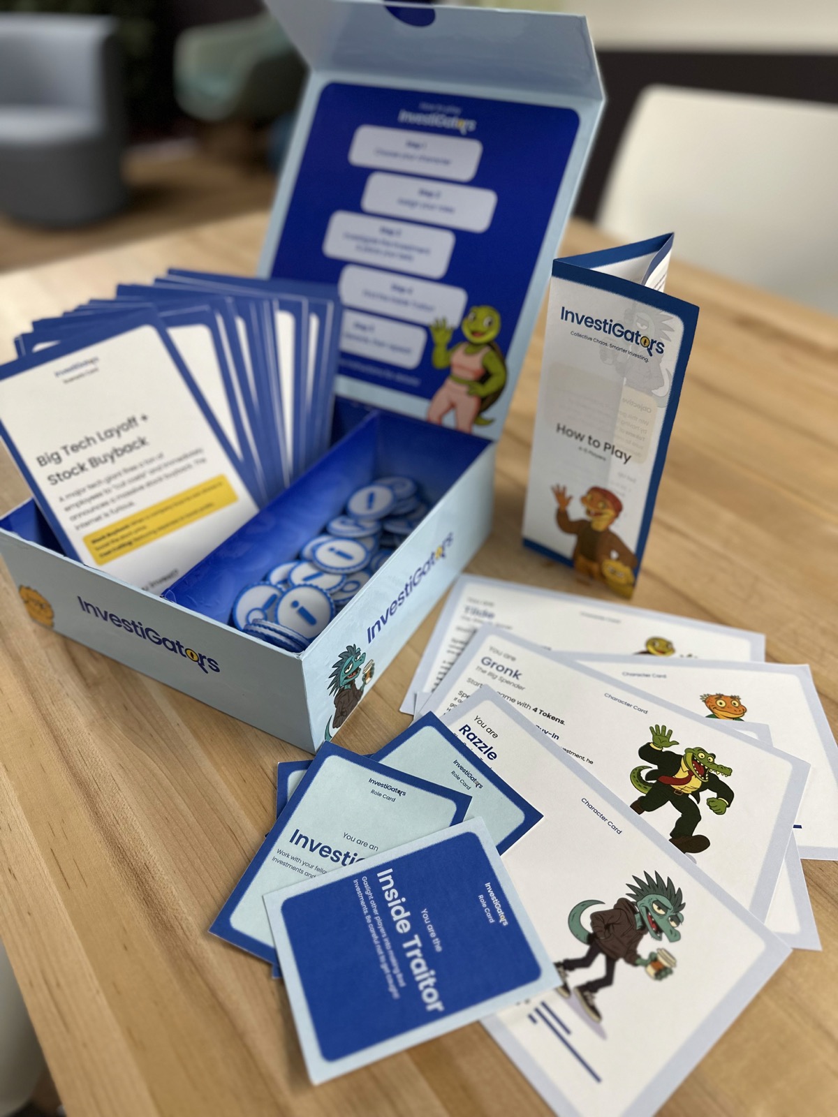 The InvestiGators box with Scenario, Character, and Role cards fanned out