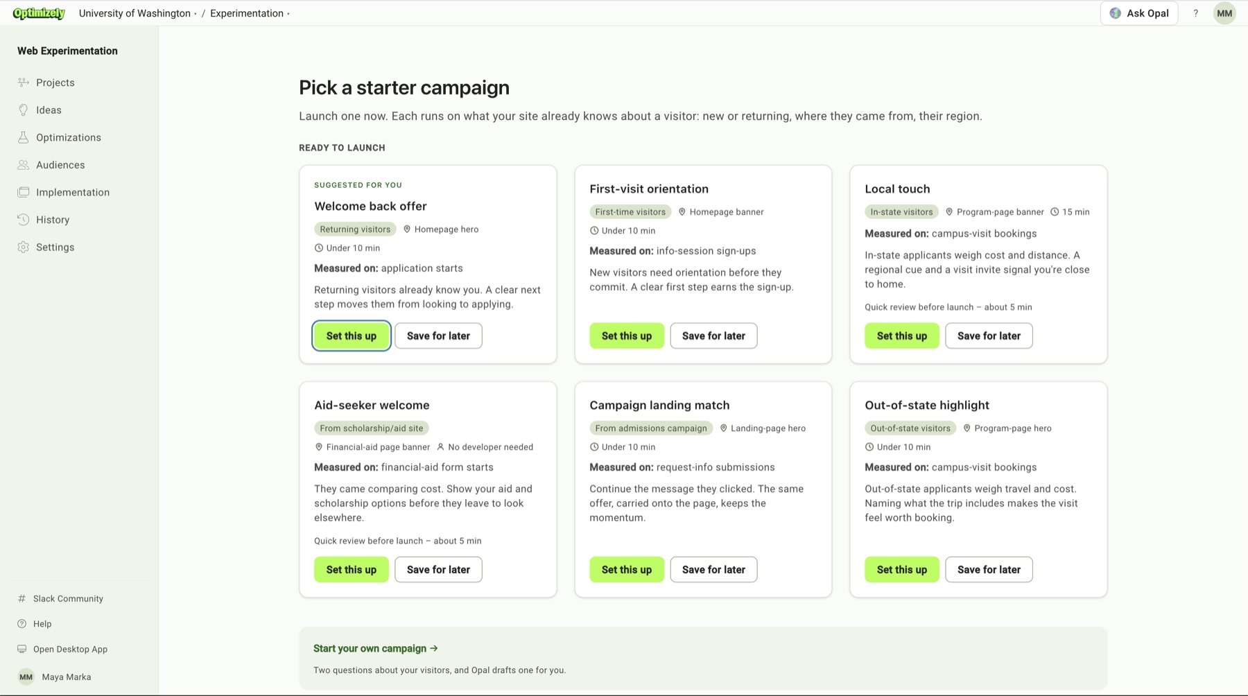 High-fidelity prototype of the Pick a starter campaign screen inside Optimizely's Web Experimentation UI
