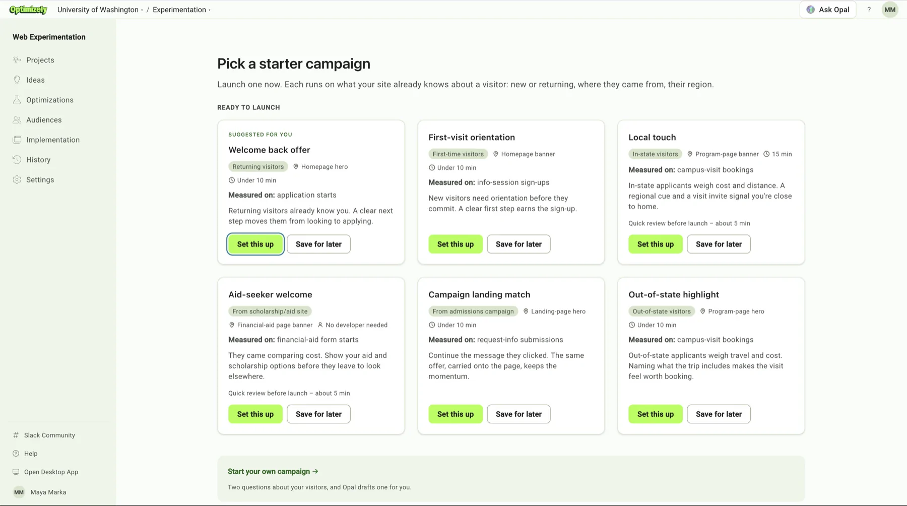 Optimizely's starter-campaign picker: six ready-to-launch campaigns, one suggested by Opal