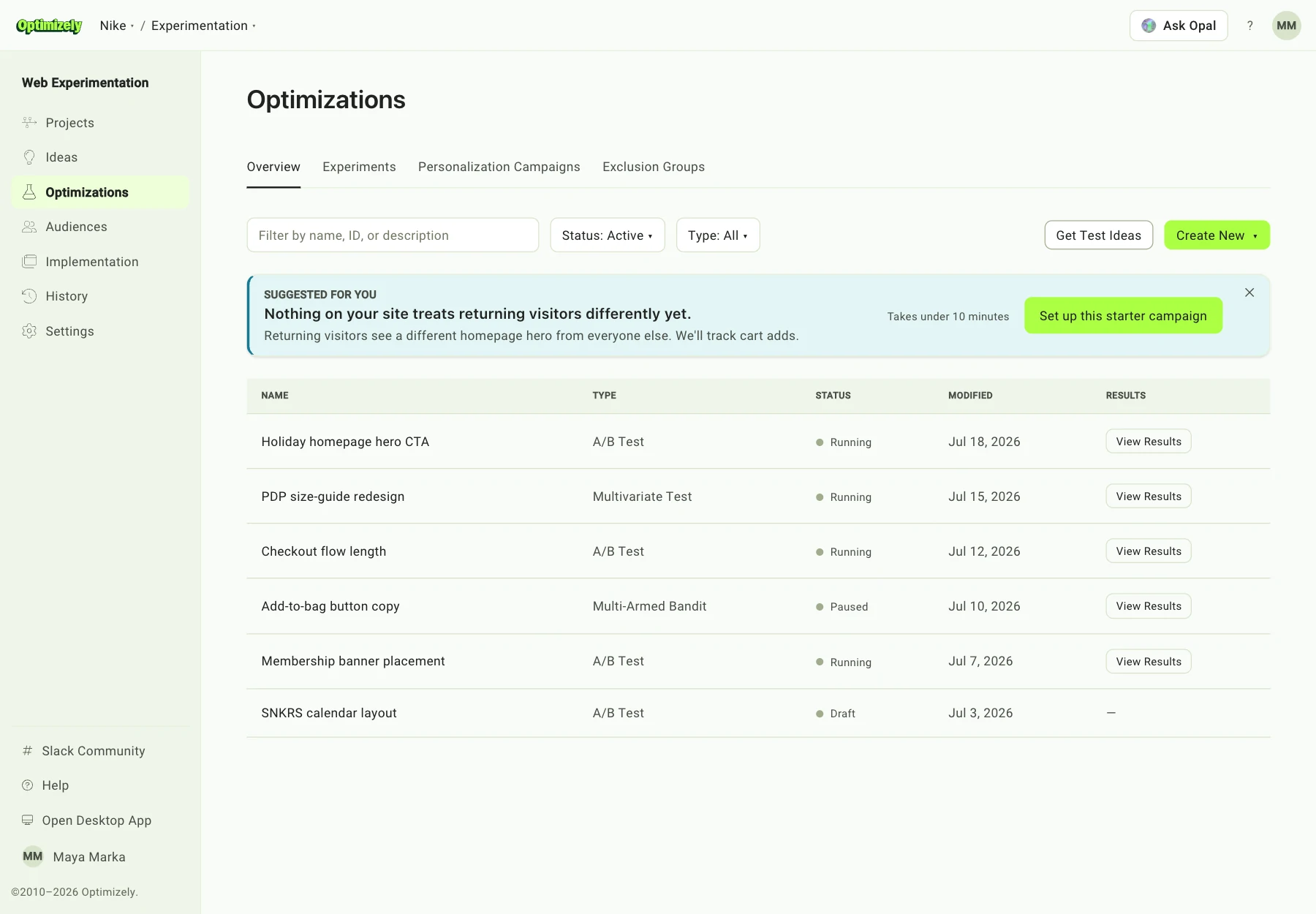 The suggestion on the Optimizations page