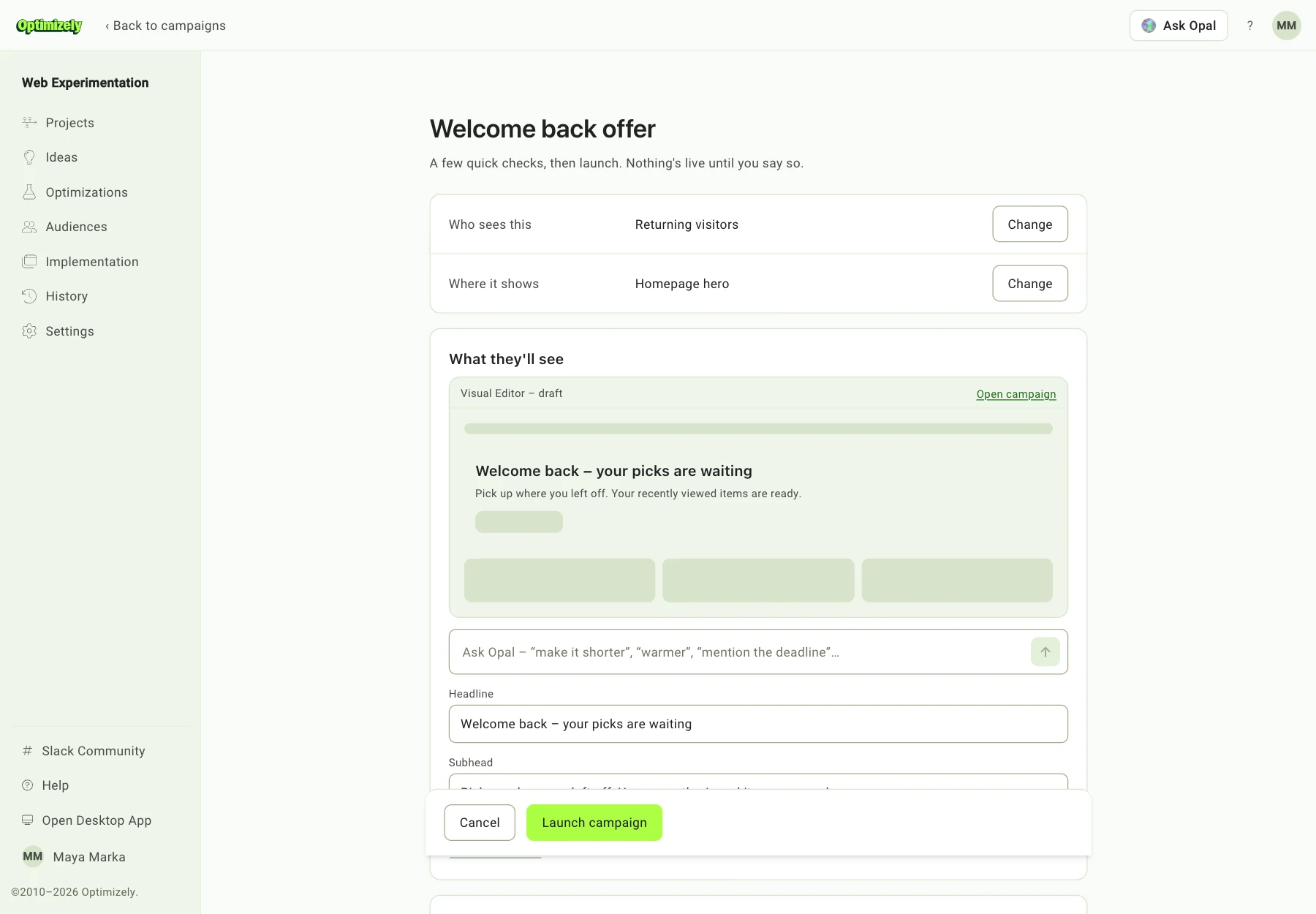 The setup page