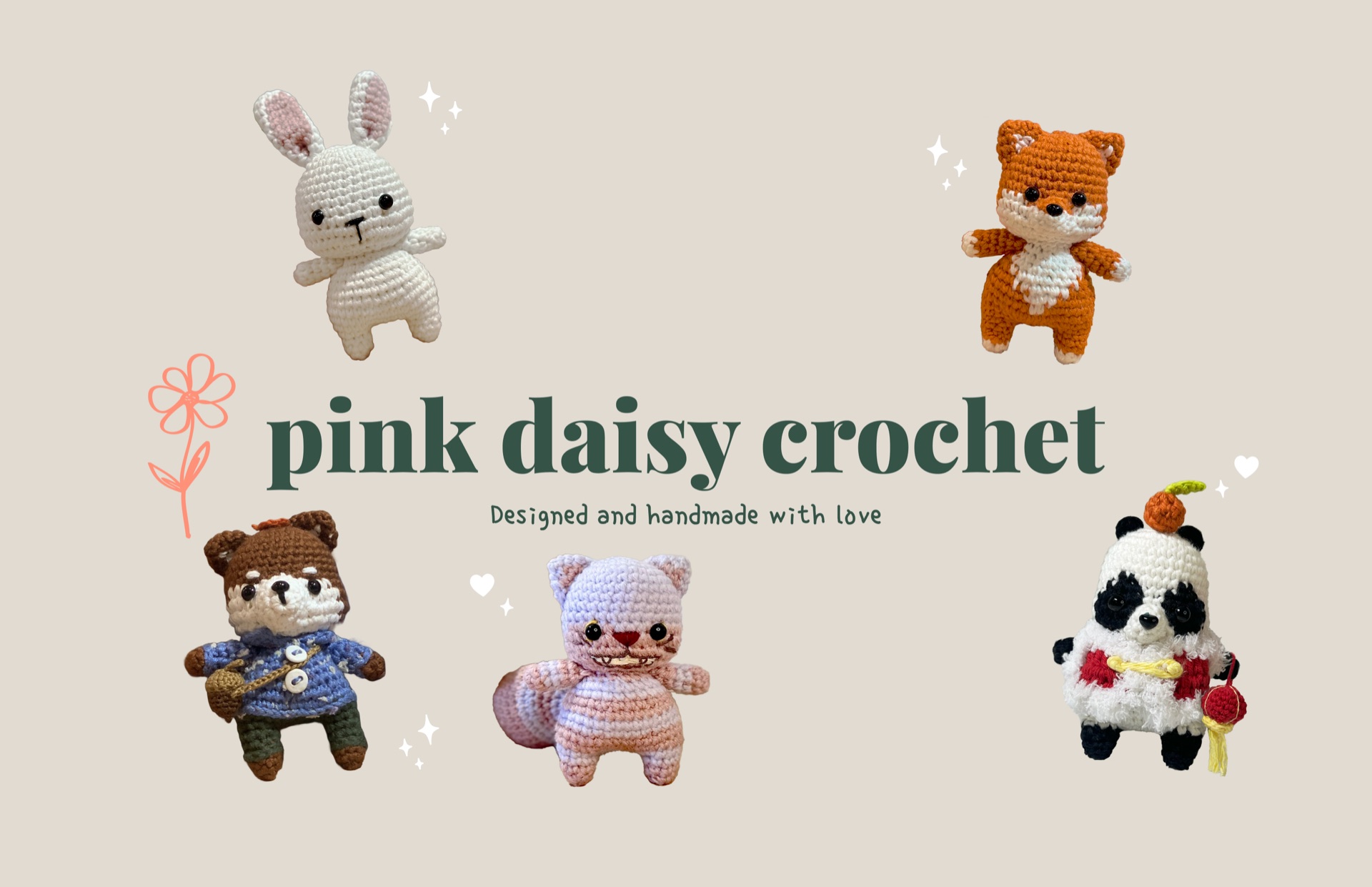 Pink Daisy Crochet: handmade amigurumi animals around the brand wordmark