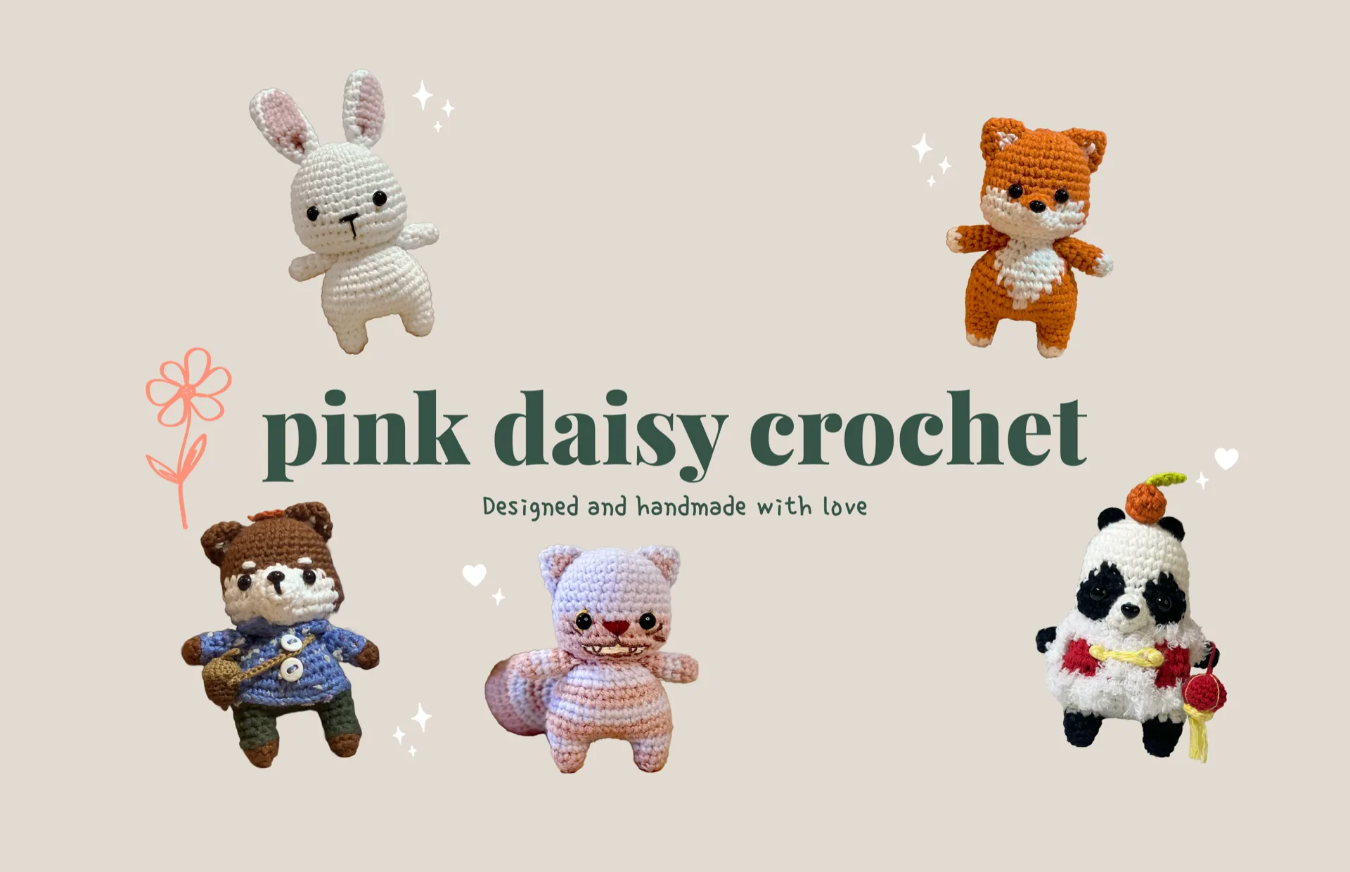 Pink Daisy Crochet: handmade amigurumi animals around the brand wordmark