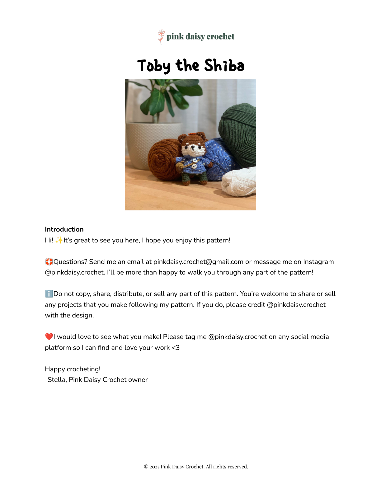 Toby the Shiba pattern — the cover and overview page