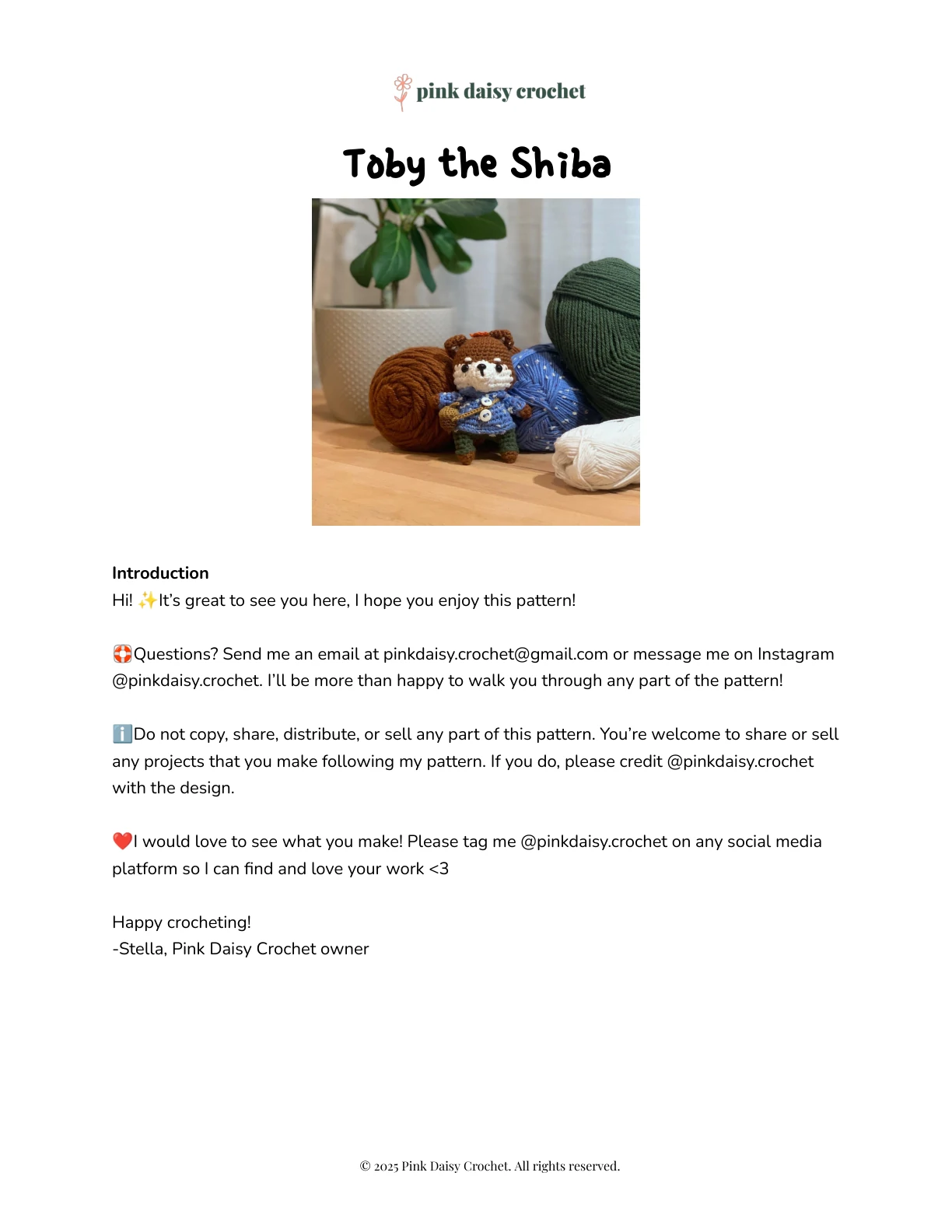 Toby the Shiba pattern — the cover and overview page