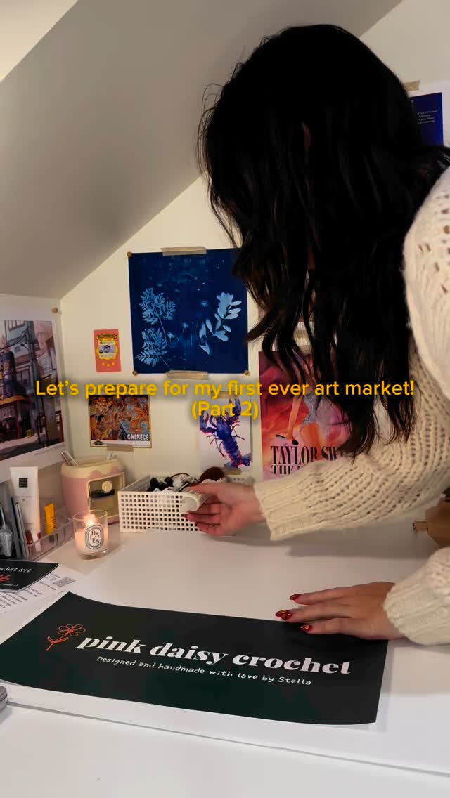Instagram reel: preparing the Pink Daisy Crochet booth sign for a first art market