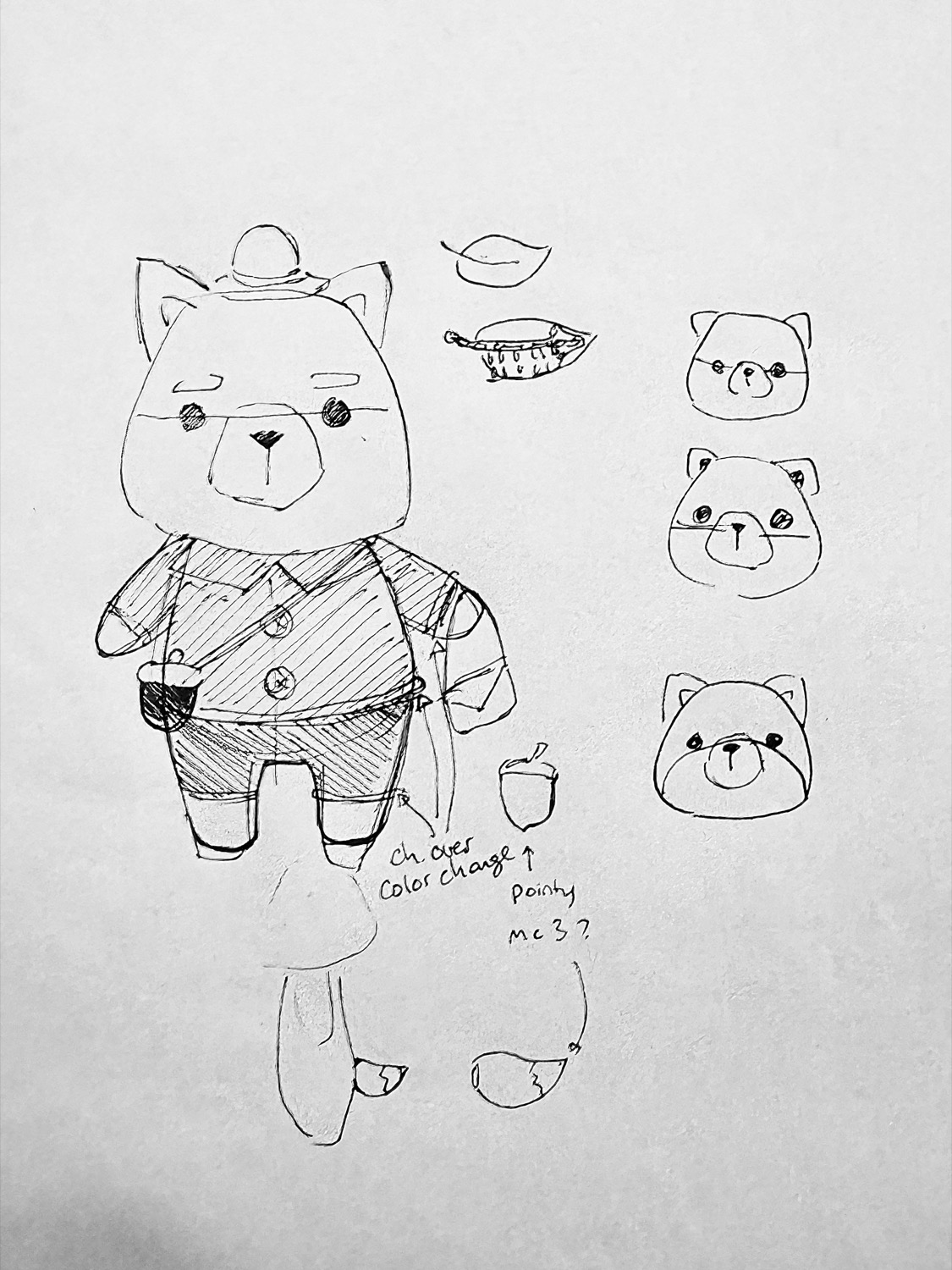 Hand-drawn character design sketches with color-change and shape notes
