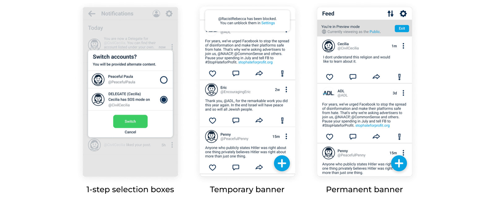 Standardized banner patterns: one-tap selection boxes, temporary and permanent banners