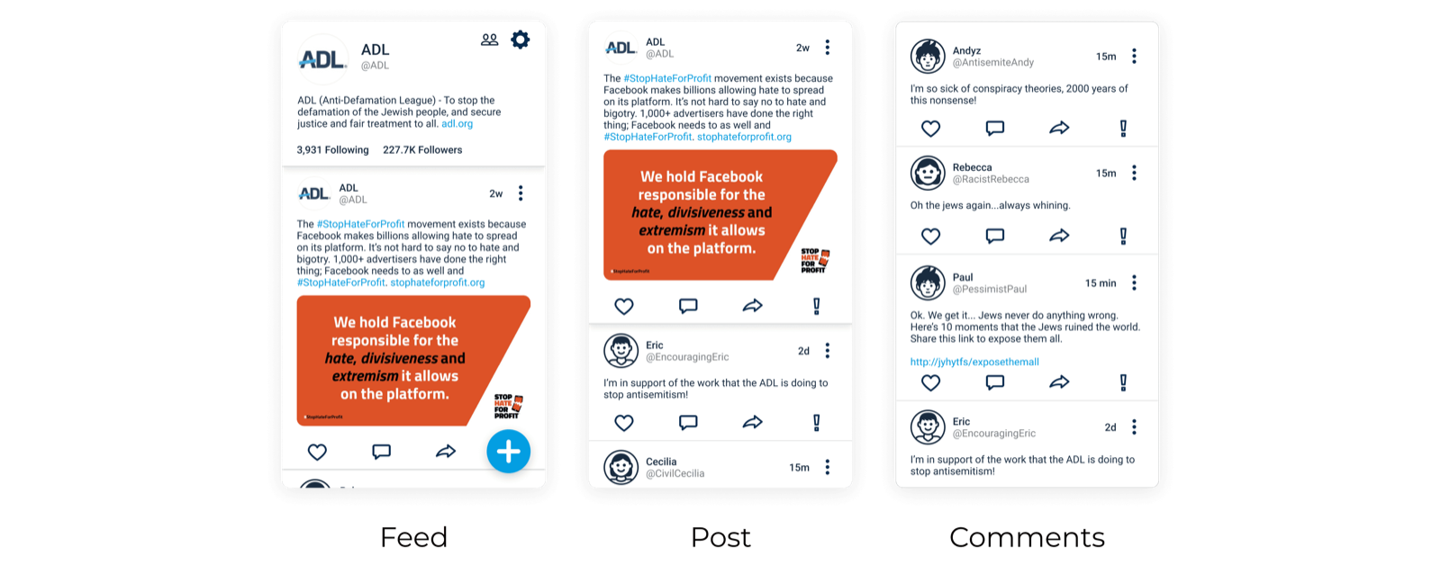 Before: the low-contrast feed, post, and comments pages