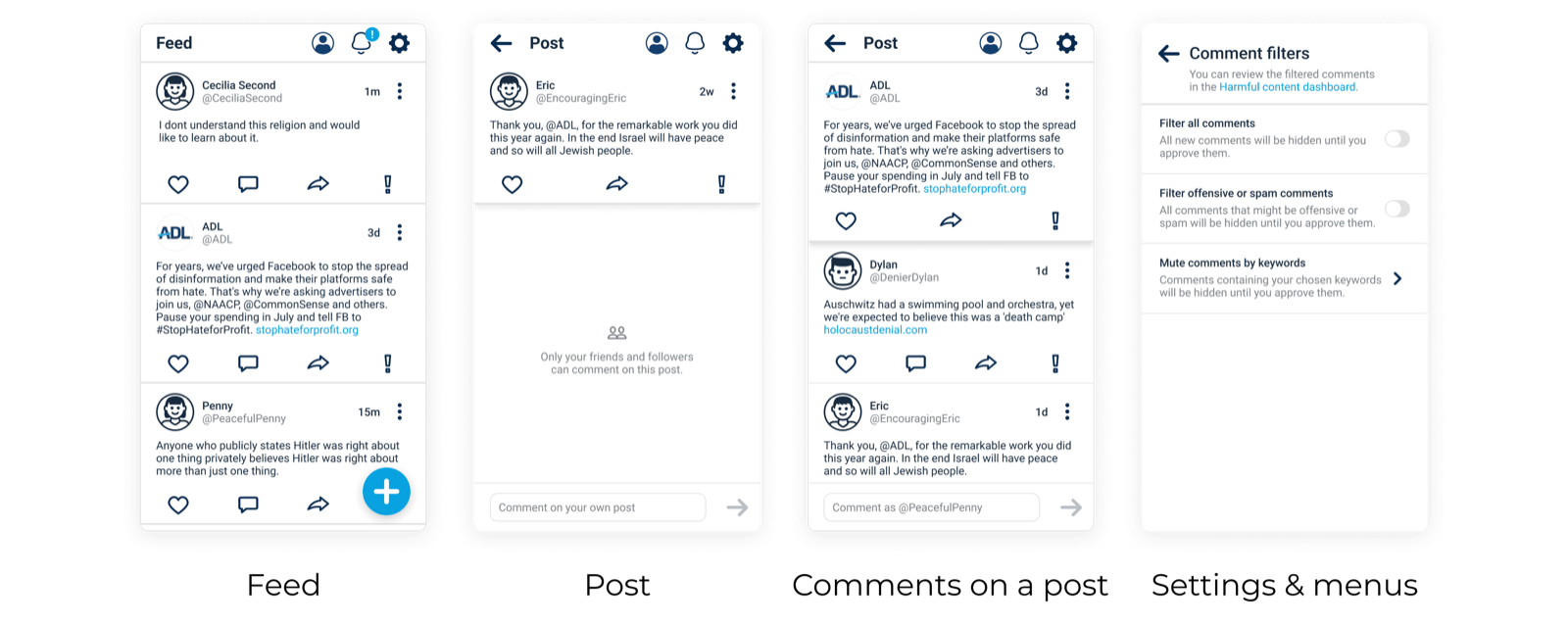 After: high-contrast feed, post, comments, and the new settings & menus layout