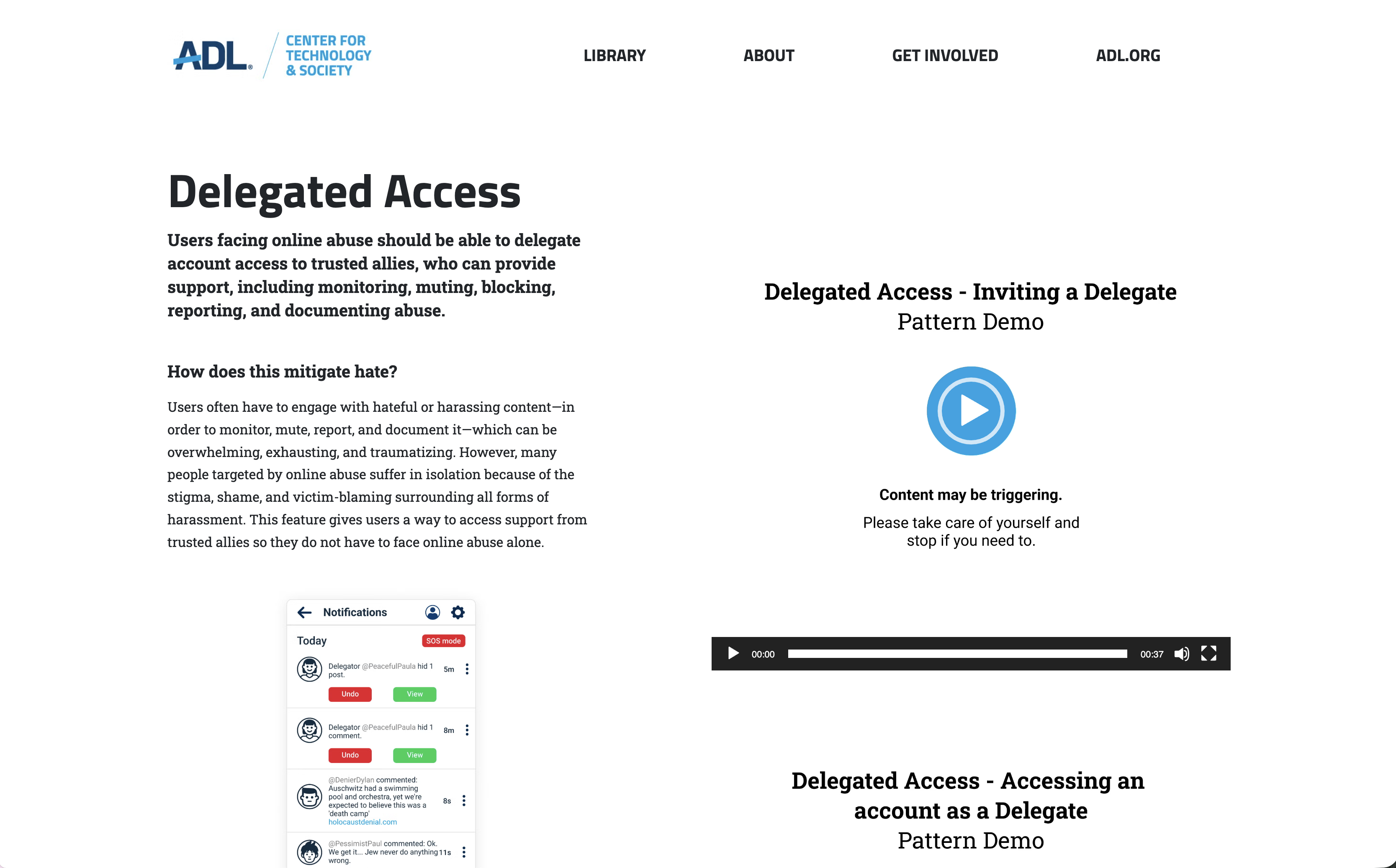 The Social Pattern Library's Delegated Access pattern page on ADL's Center for Technology & Society site
