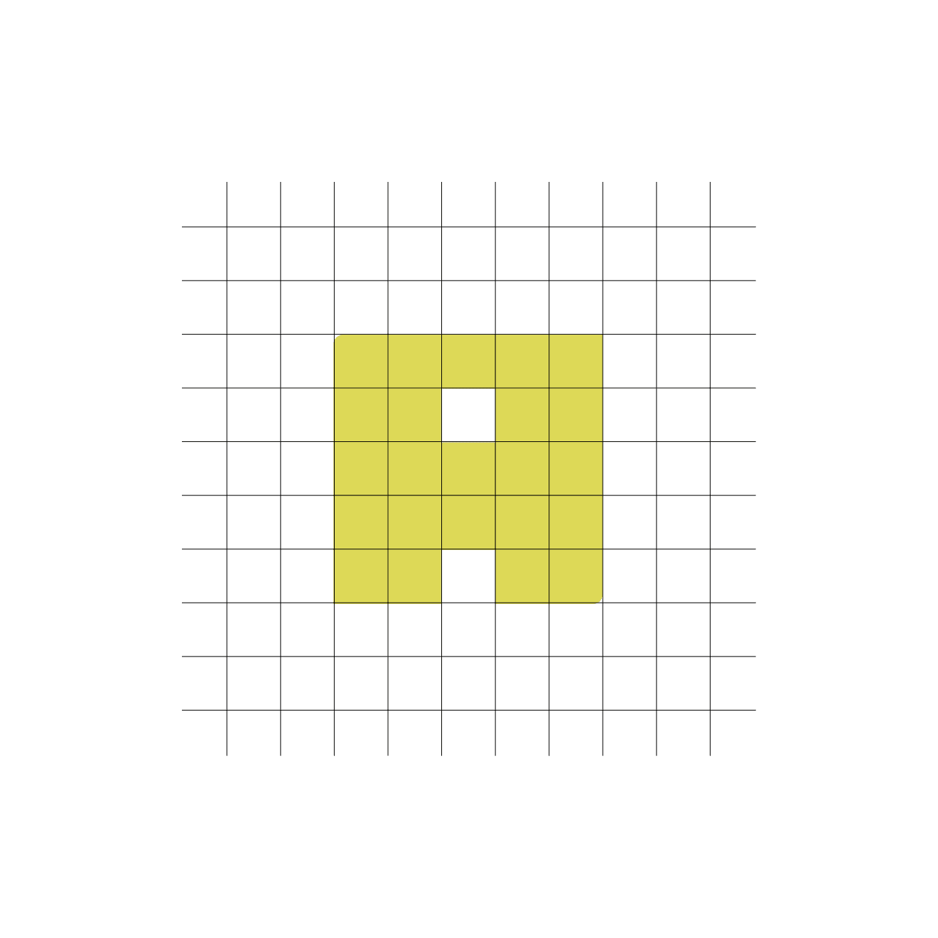Building-block letterform on an index-card grid