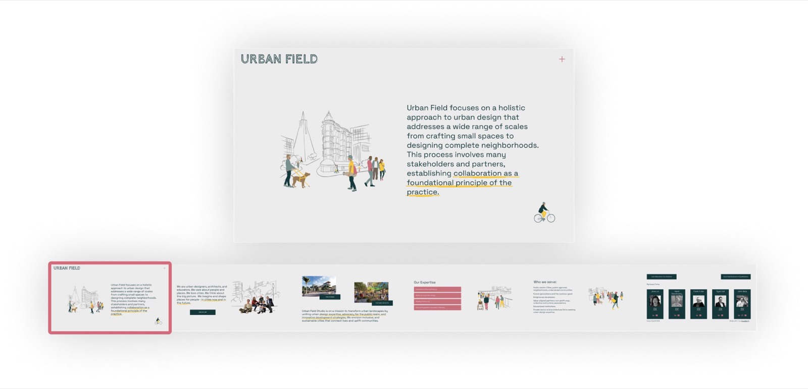 The Urban Field site above a filmstrip of its horizontal-scroll pages