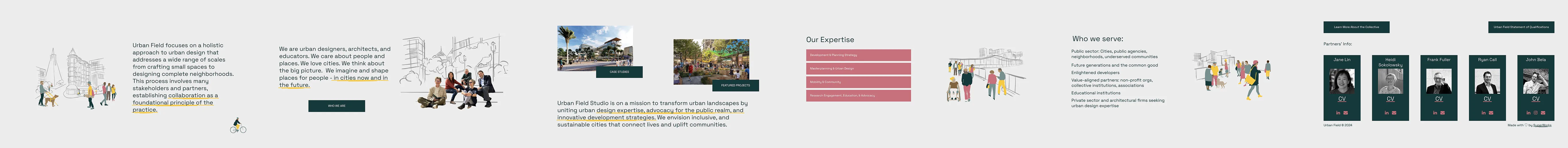 The Urban Field horizontal-scroll website as one continuous strip of pages